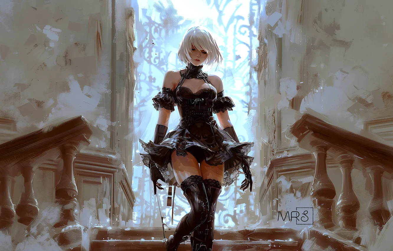 Фото обои girl, fantasy, short hair, Nier, artwork, fantasy art, skirt, boots
