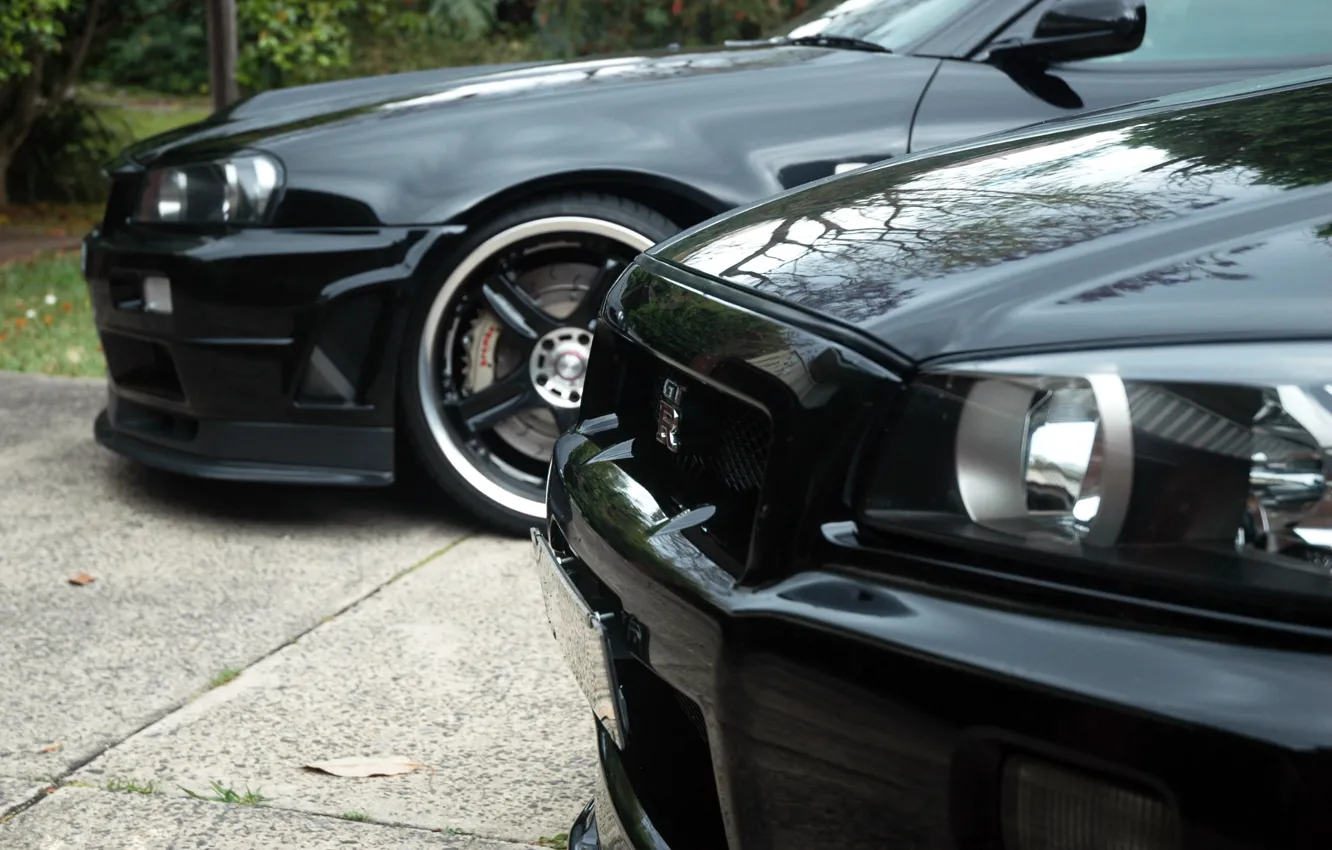Фото обои черный, Nissan, black, skyline, ниссан, gtr, front, r34