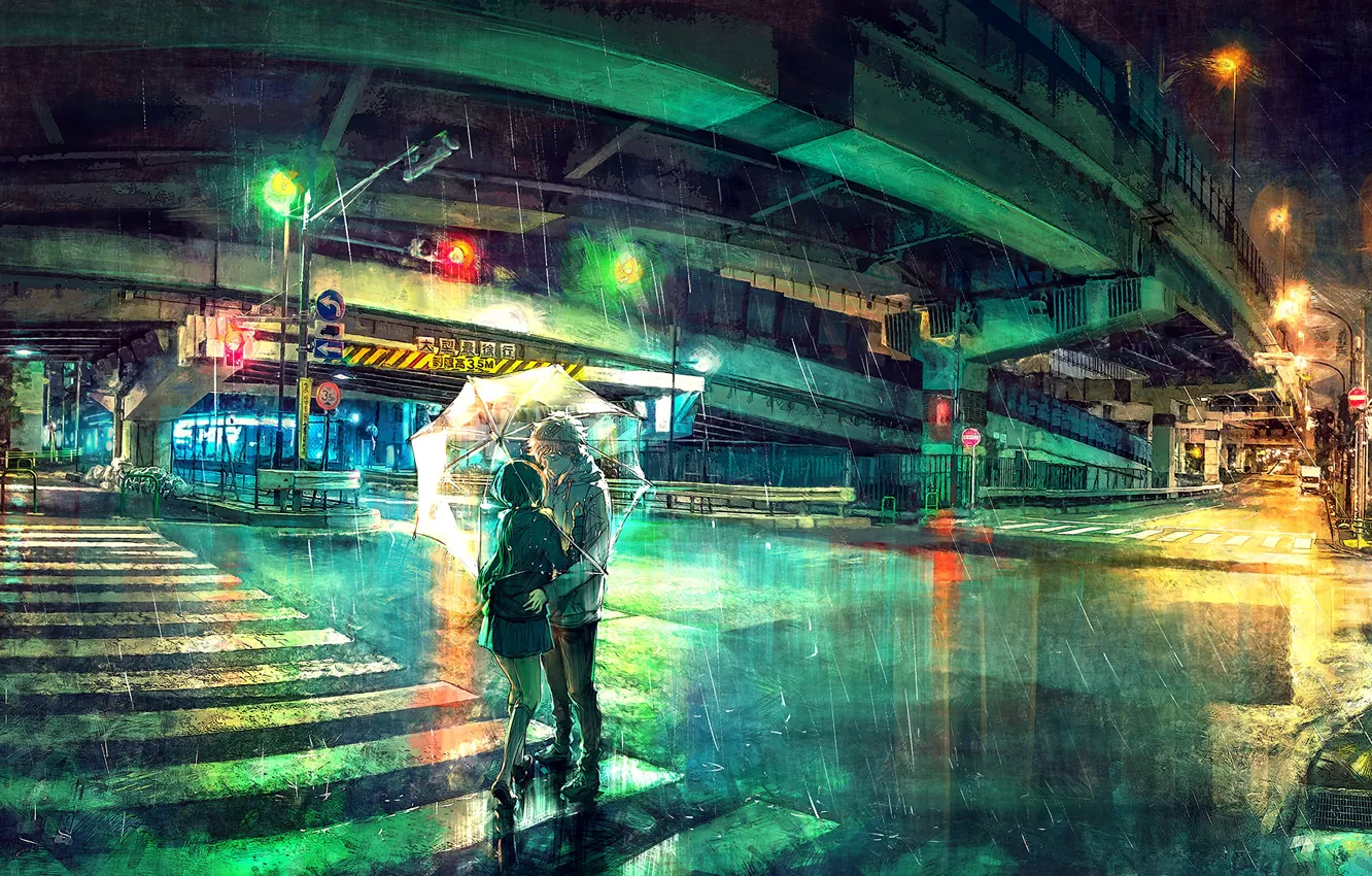 Фото обои ночь, мост, город, огни, дождь, зонт, перекресток, переход