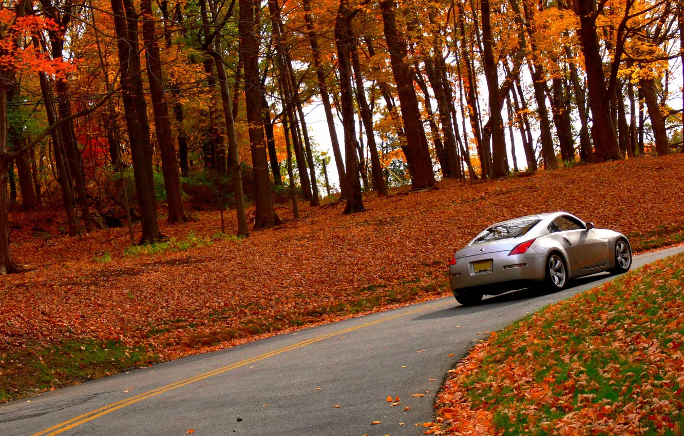 Фото обои дорога, осень, природа, nissan, 350z