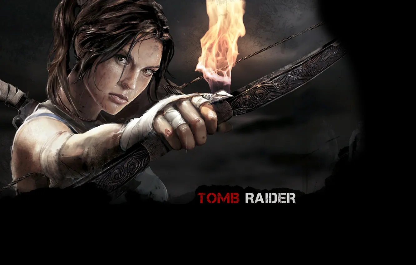 Фото обои взгляд, девушка, огонь, лук, Tomb Raider, lara croft, 2013