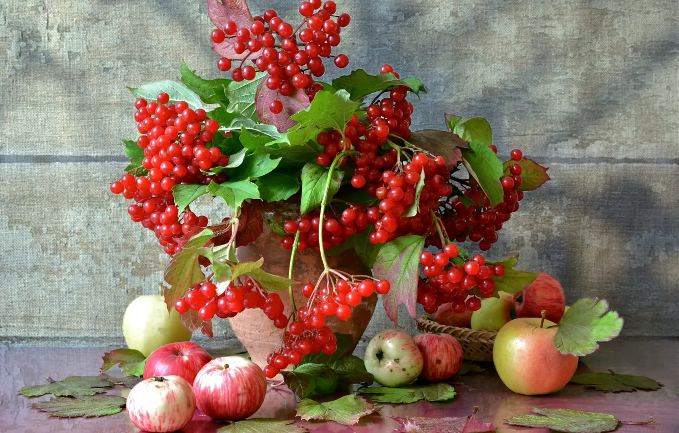Фото обои осень, яблоки, натюрморт, калина