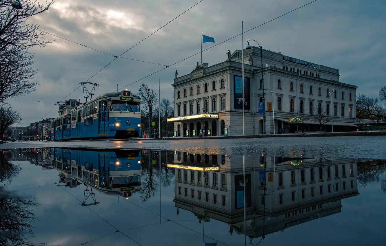 Фото обои вечер, трамвай, Швеция, Гётеборг