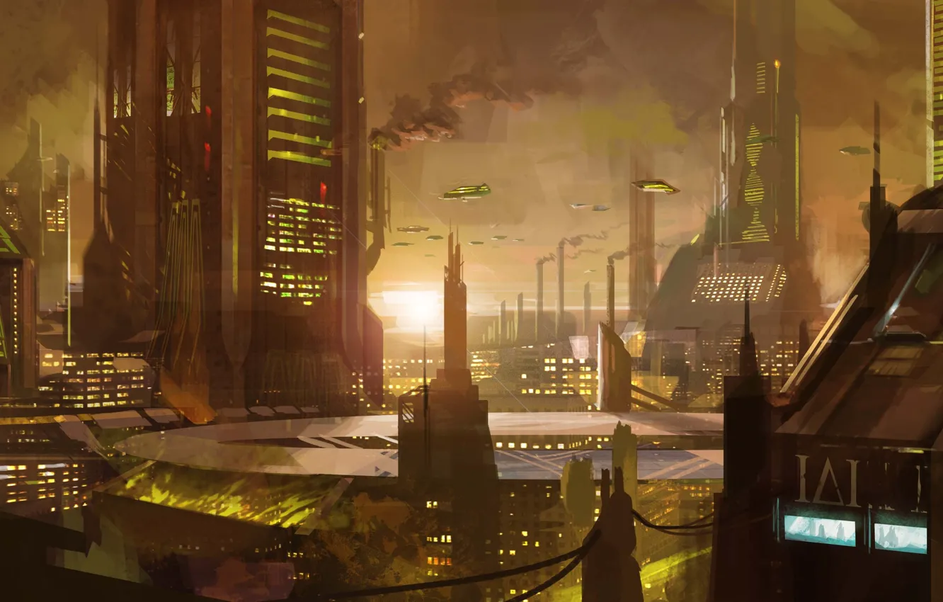Фото обои закат, трубы, город, будущее, фантастика, транспорт, дым, здания