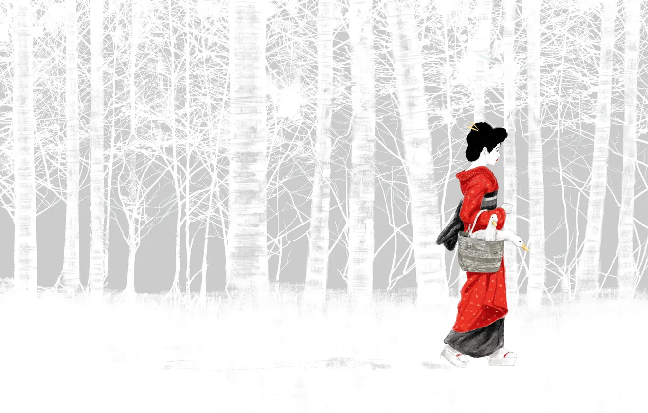 Фото обои лес, девушка, арт, гейша, кимоно, азиатка, корзинка, гуси