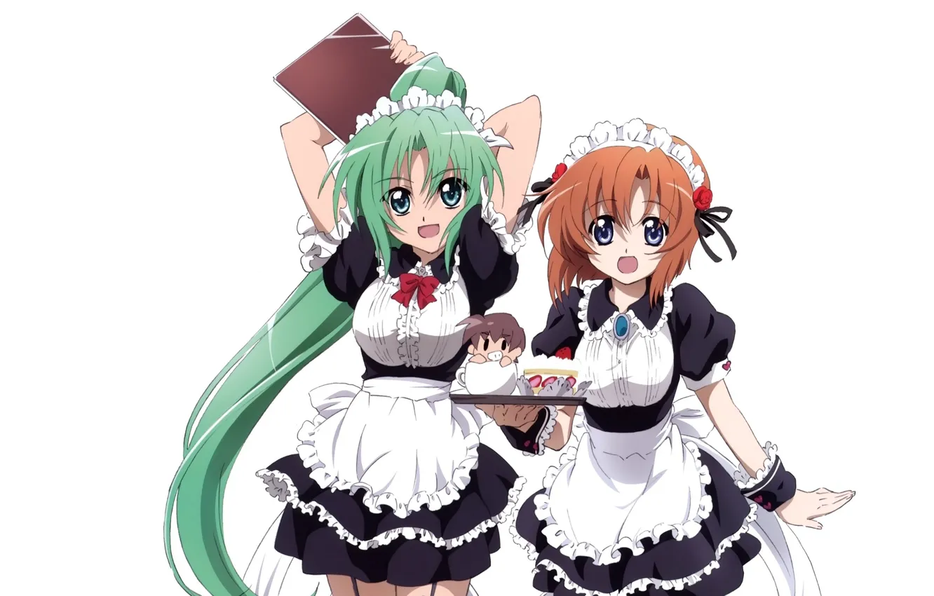 Фото обои белый фон, зеленые волосы, униформа, десерт, поднос, фартук, оборки, ободок