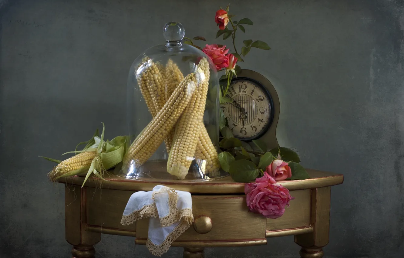 Фото обои часы, розы, кукуруза, натюрморт
