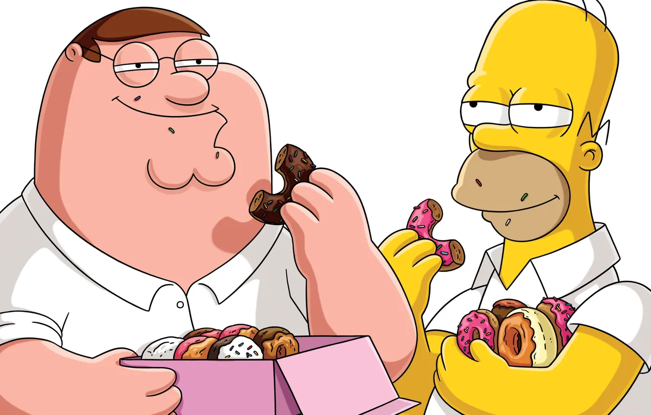 Фото обои the simpsons, family guy, Homer, Peter Griffin, fat, donuts, Matt Groening