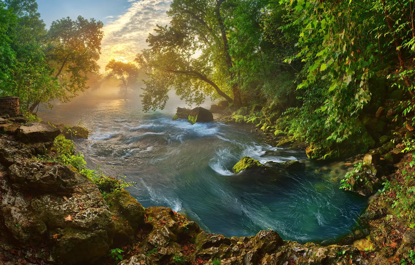Фото обои солнце, деревья, пейзаж, природа, река, камни, утро, Миссури
