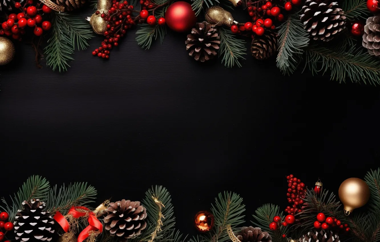 Фото обои украшения, темный фон, шары, Новый Год, Рождество, golden, new year, happy
