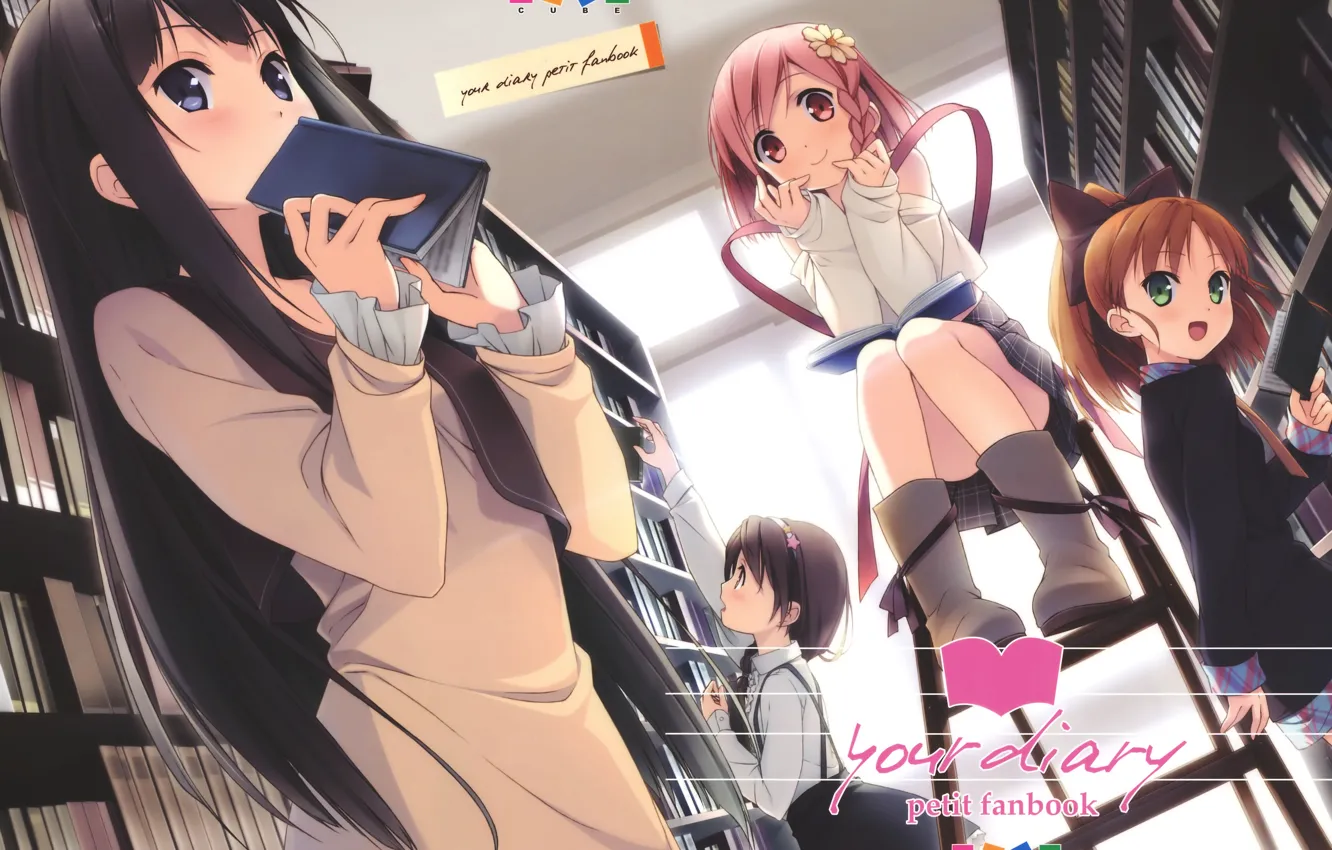 Фото обои книги, библиотека, art, подруги, зеленые глаза, косичка, visual novel, kantoku