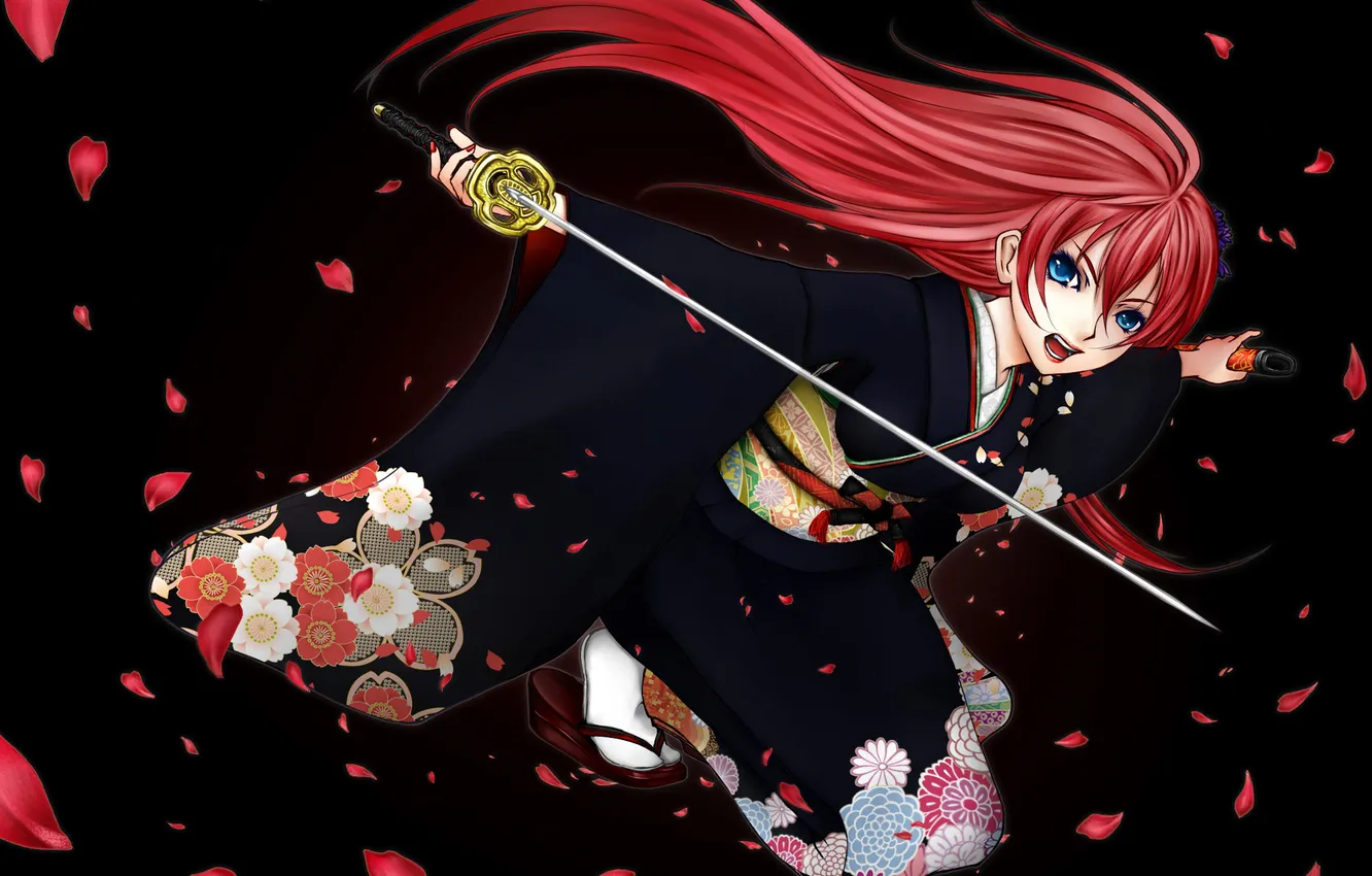 Фото обои девушка, оружие, катана, лепестки, арт, кимоно, vocaloid, megurine luka
