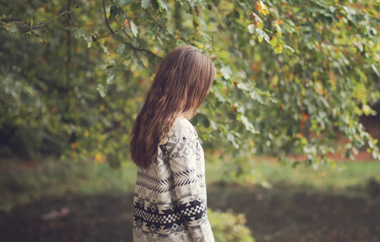 Фото обои листья, девушка, дерево, шатенка