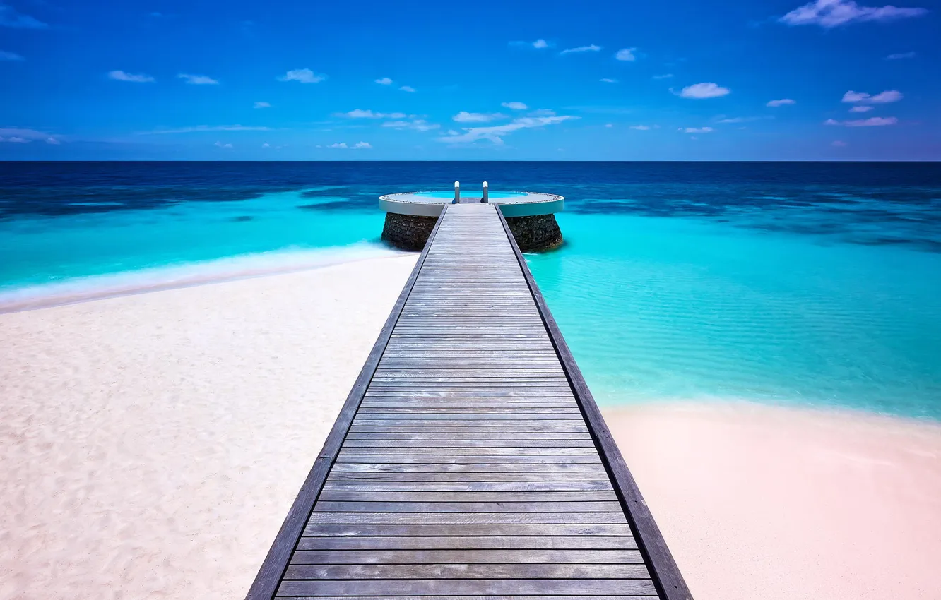 Фото обои песок, океан, берег, пирс, Мальдивы, курорт