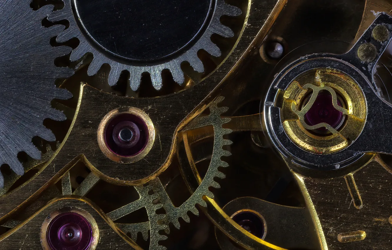 Фото обои макро, время, металл, часы, механизм, шестеренка