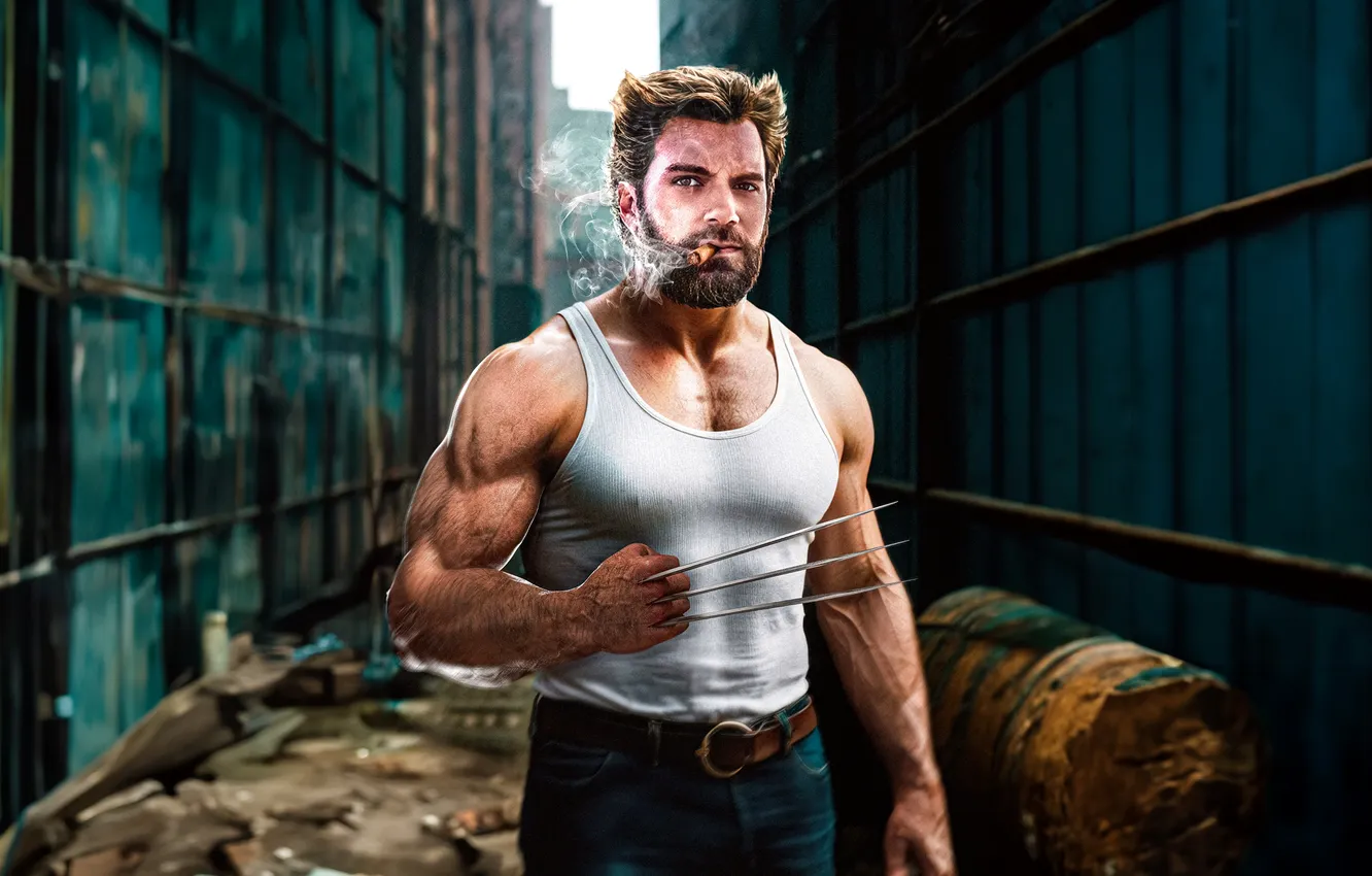 Фото обои сигара, Logan, мускулы, Henry Cavill, Росома́ха, Deadpool & Wolverine, Дэдпул и Росомаха, Джеймс «Логан» Хоулетт