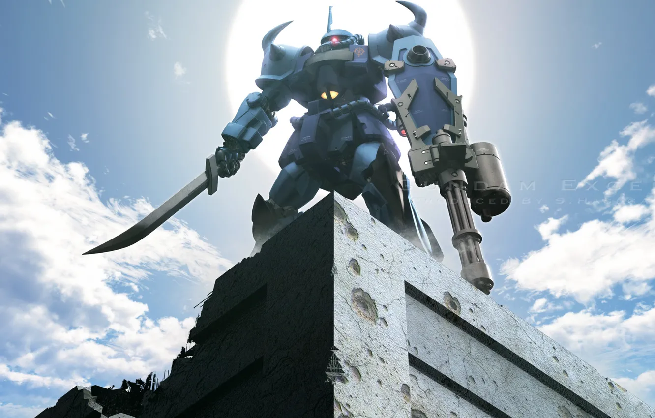Фото обои крыша, здание, робот, меч, пулемёт, Mobile Suit Gundam