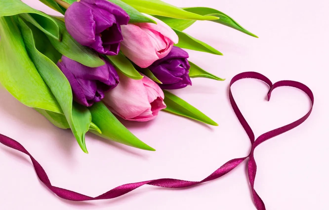 Фото обои любовь, цветы, сердце, букет, лента, тюльпаны, love, heart