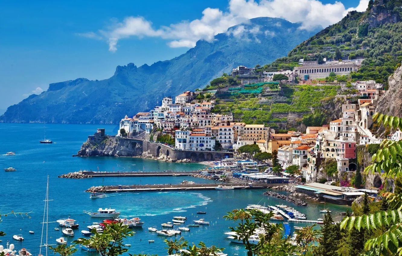Фото обои море, гора, дома, яхты, Италия, Амальфи