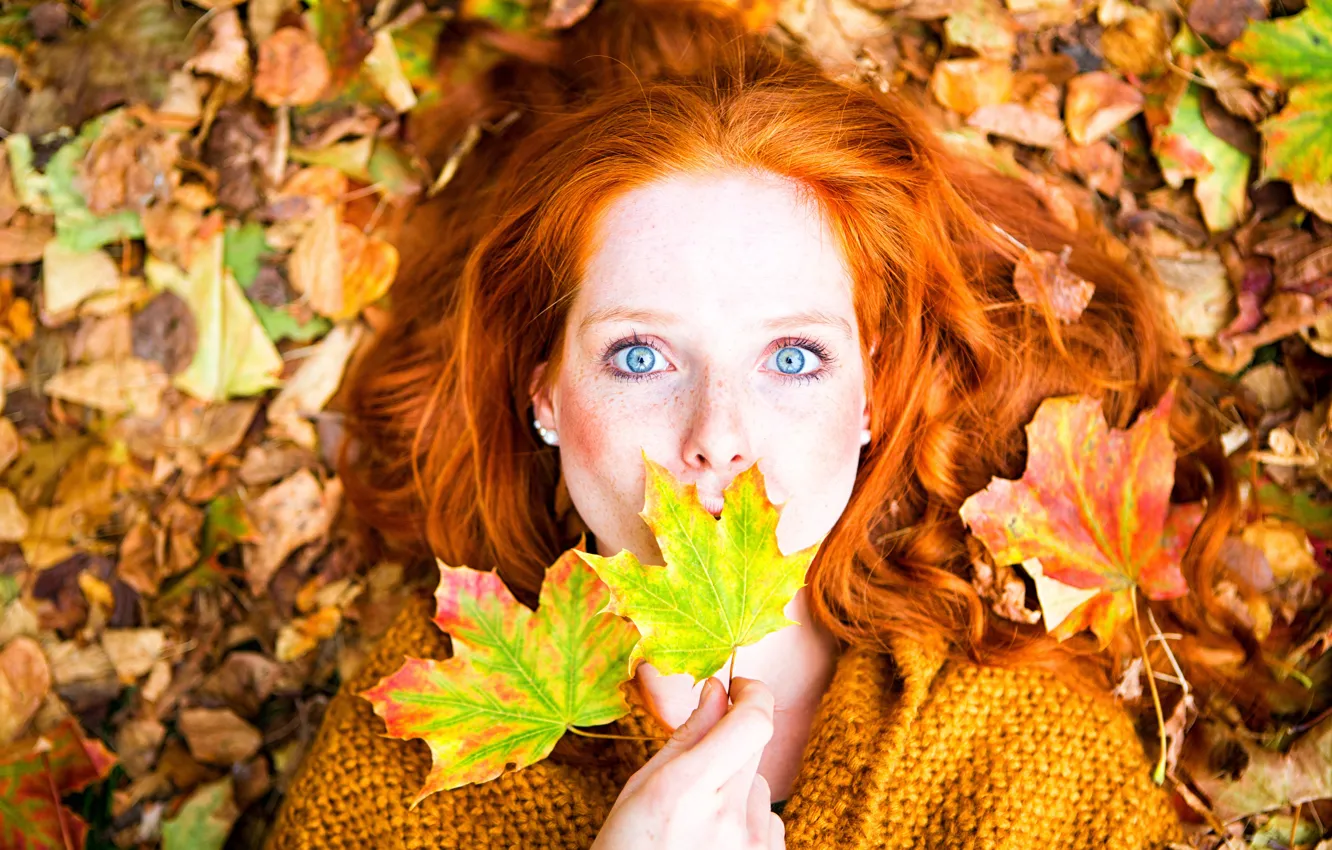 Фото обои осень, взгляд, листья, девушка, макияж, прическа, лежит, веснушки