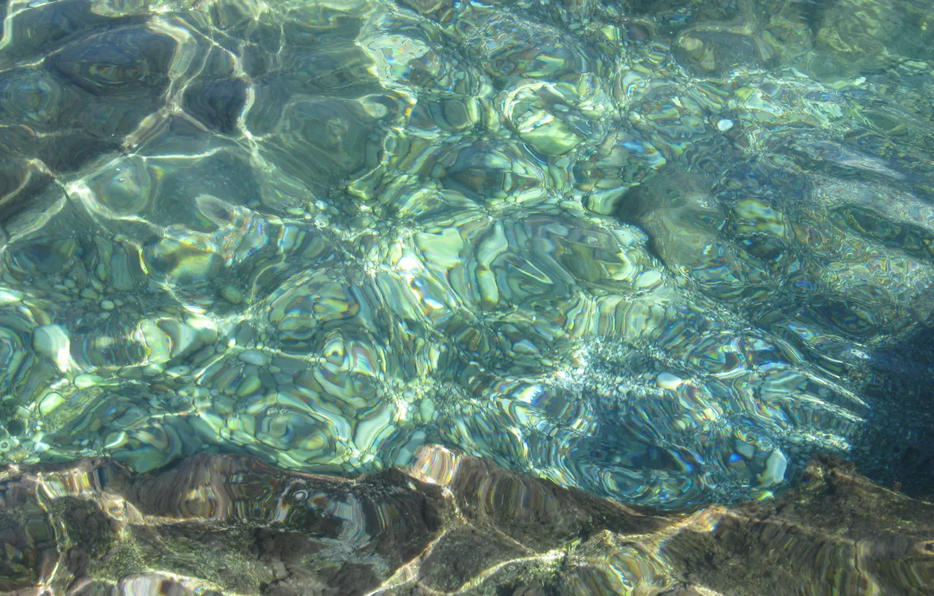 Фото обои море, прозрачность, блики, камни, Вода, игра света, солнечный свет