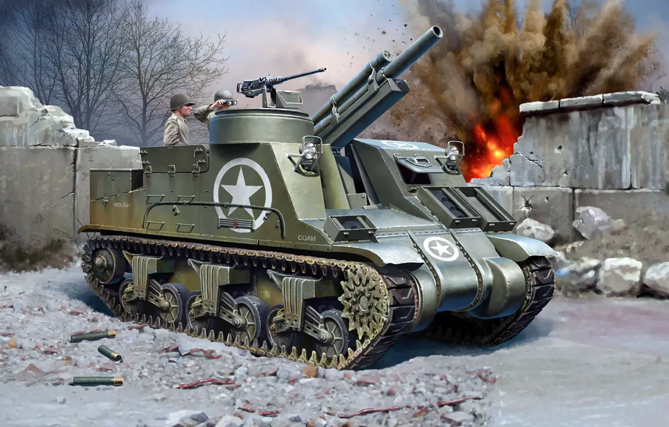 Фото обои США, САУ, самоходная артиллерийская установка, 105mm, Howitzer Motor Carriage