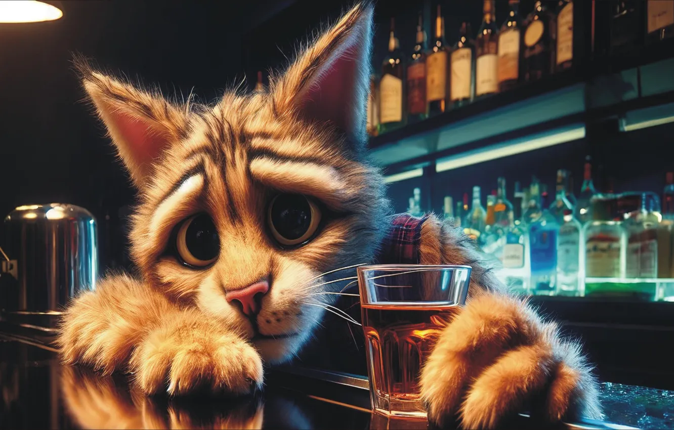 Фото обои грусть, кот, настроение, бар, ART, выпивка, bar, cat