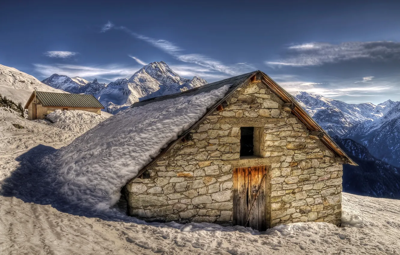 Фото обои пейзаж, горы, дом, France, Rhone-Alpes, La Plagne