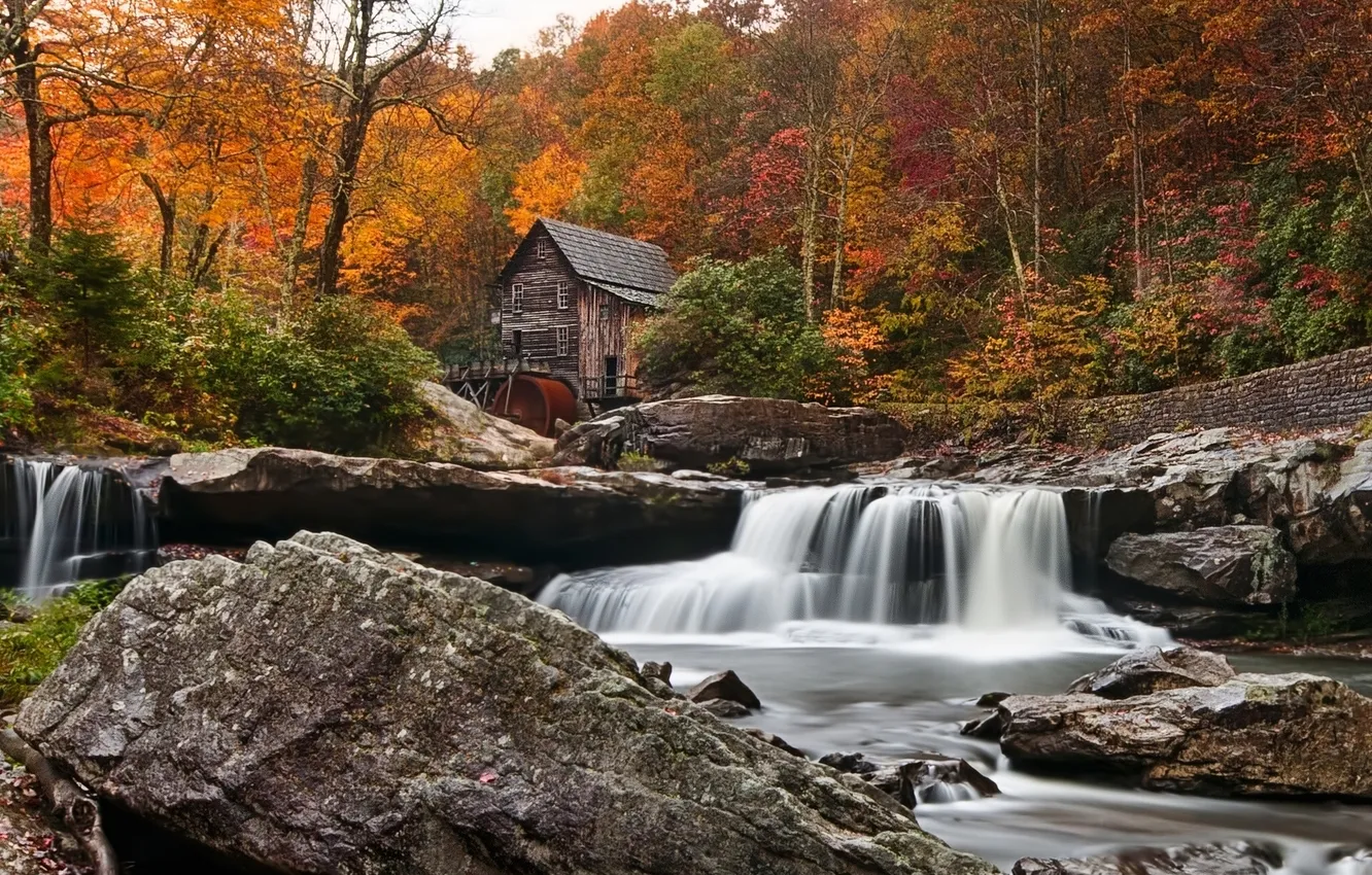 Фото обои осень, лес, река, камни, мельница, Babcock State Park, West Virginia, New River