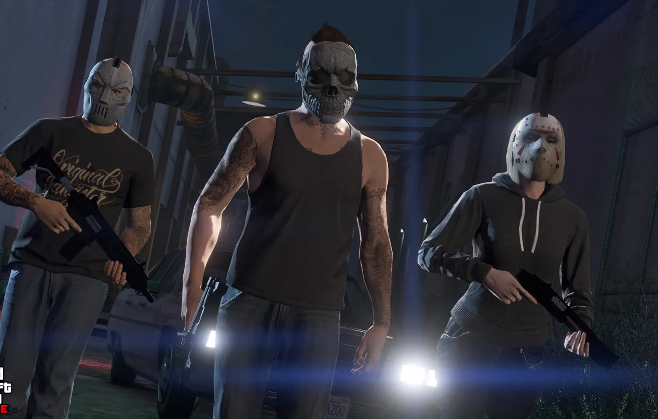 Фото обои оружие, бандиты, маски, Grand Theft Auto V, gta 5, ps4, gta online