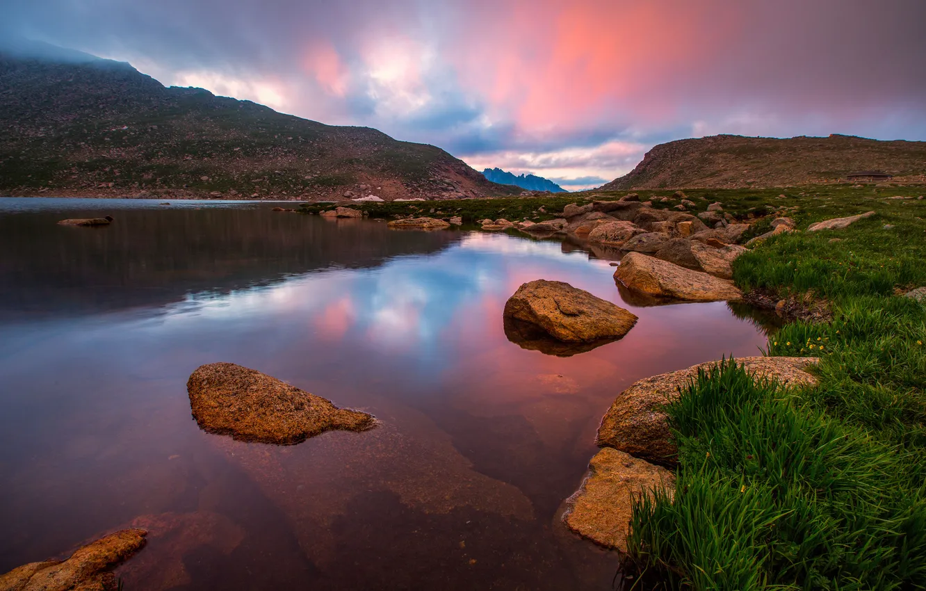 Фото обои горы, природа, река, камни, берег