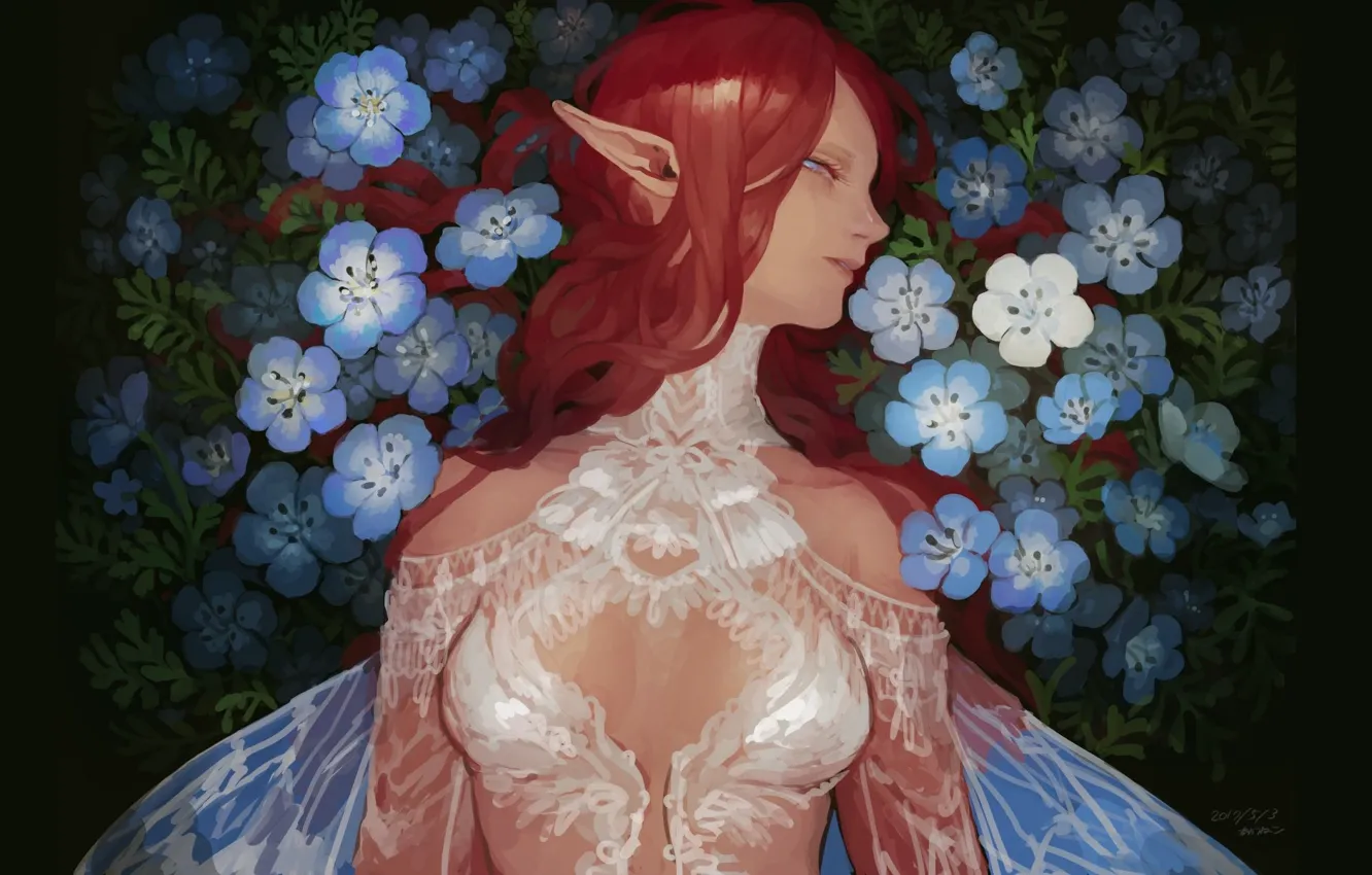 Фото обои рыжая, кружева, эльфийка, крылышки, белое платье, длинные волосы, незабудки, в профиль
