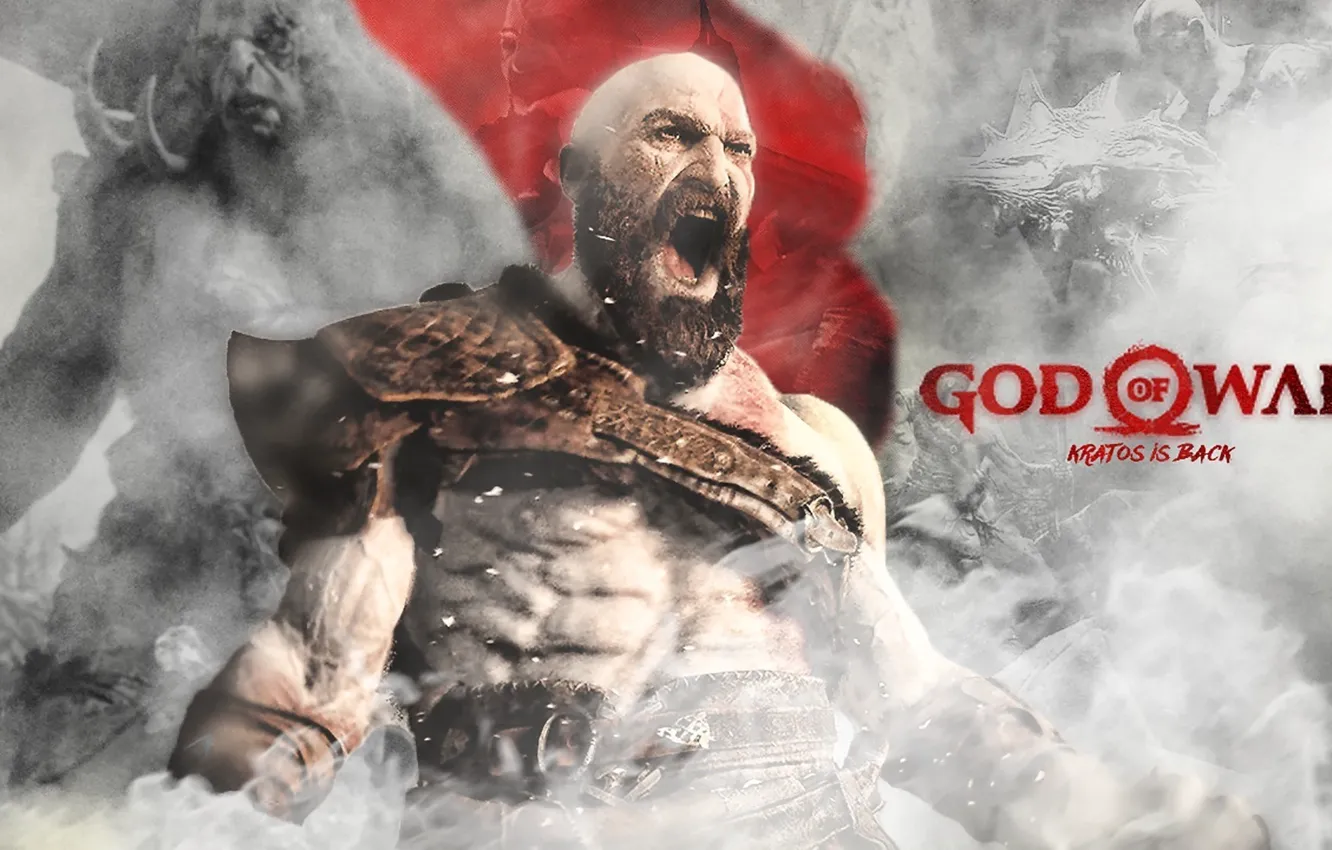 Фото обои ice, game, fighter, horns, armor, green eyes, Kratos, God of War