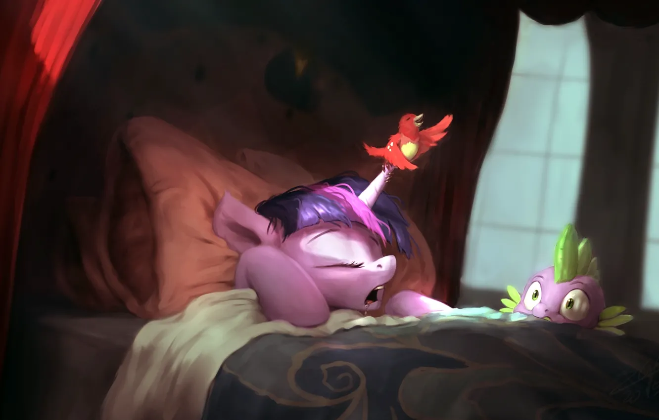 Фото обои дракон, рисунок, кровать, сон, фэнтези, арт, fantasy, птичка