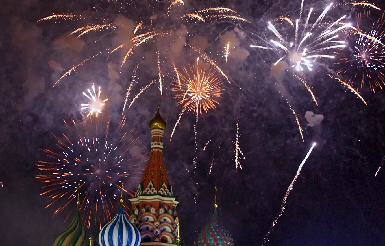 Фото обои салют, Москва, собор, фейерверк, Russia, Moscow, New Year, St. Basil's Cathedral
