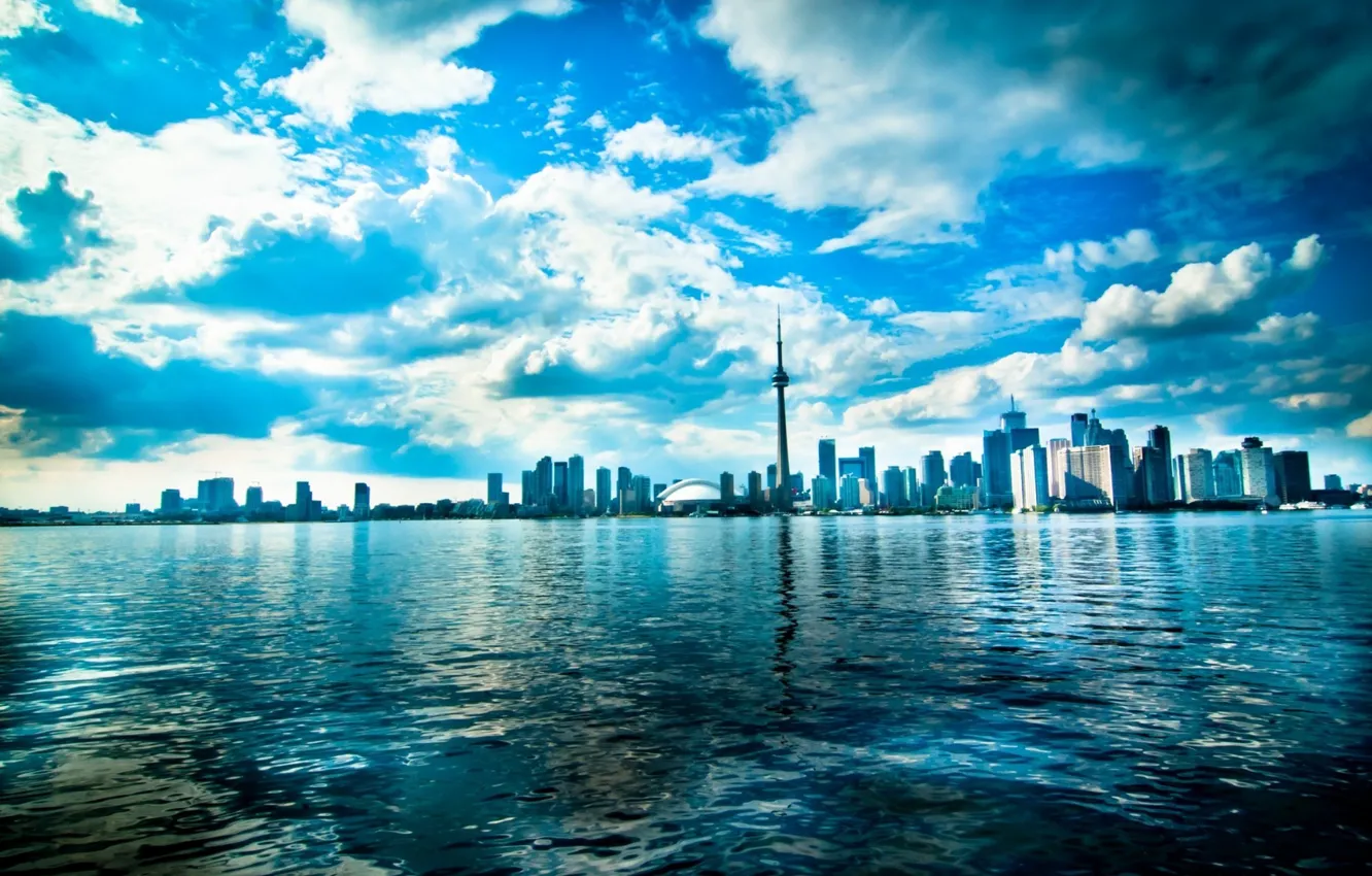 Фото обои море, небо, город, озеро, фото, голубое, горизонт, Торонто