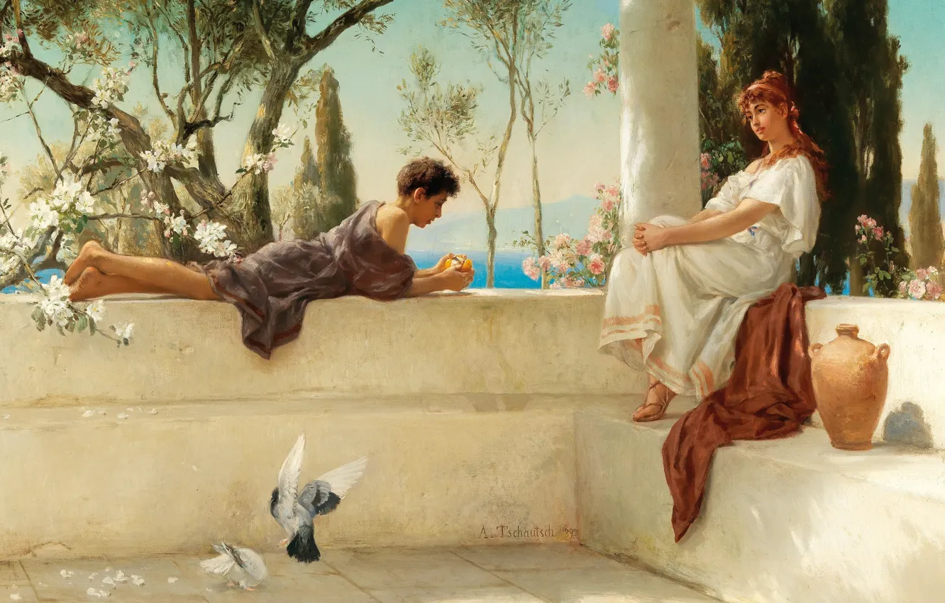 Фото обои 1892, На террасе, German painter, немецкий живописец, oil on canvas, Albert Tschautsch, At the veranda, …