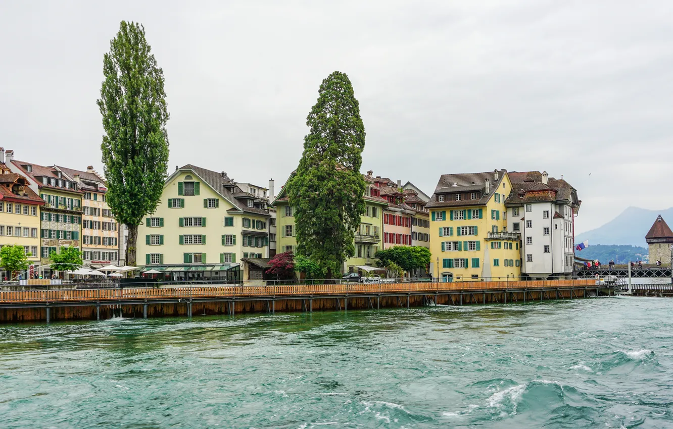 Фото обои деревья, озеро, дома, Швейцария, набережная, Lucerne