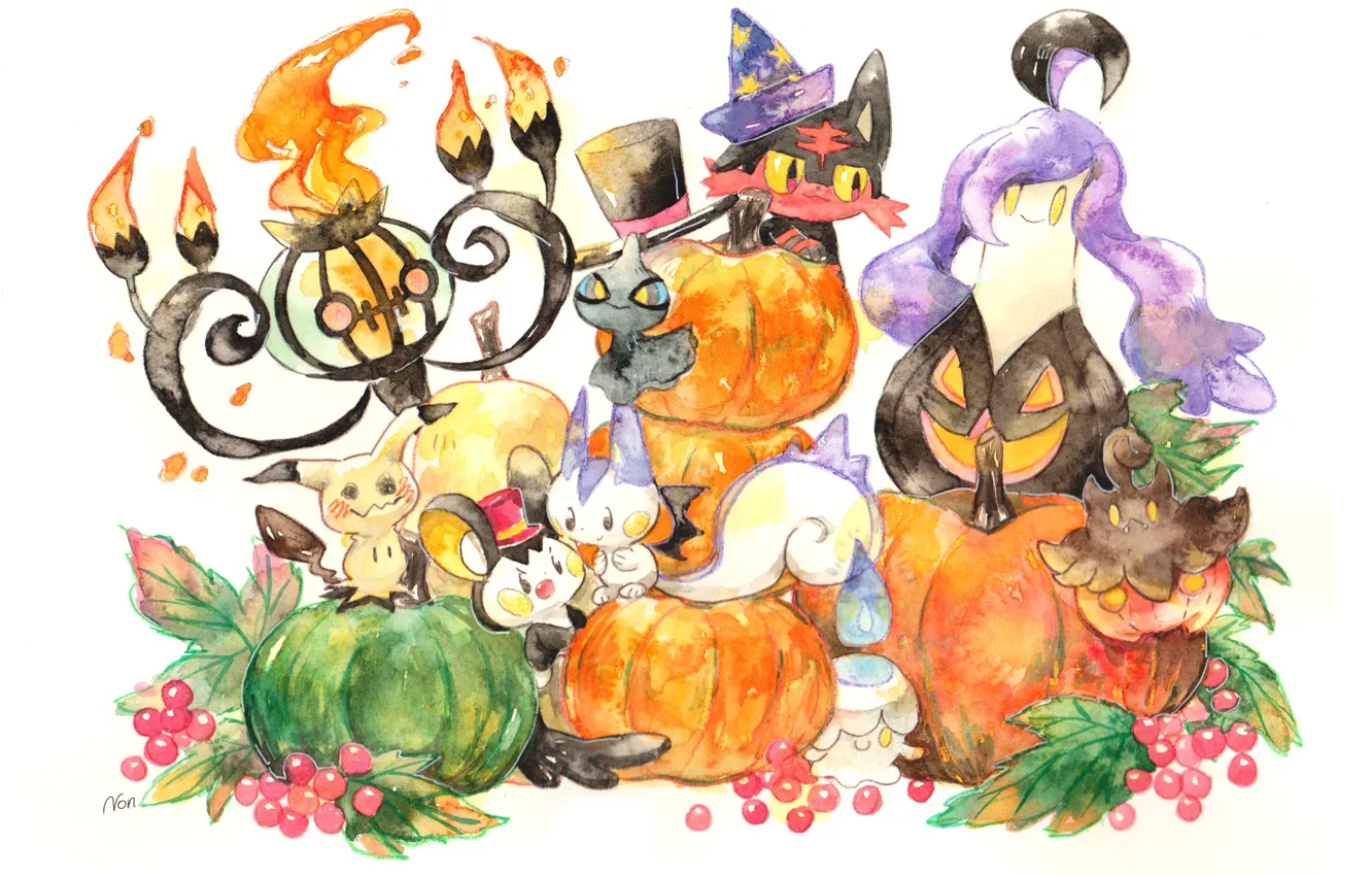 Фото обои фантастика, Хэллоуин, Mimikyu, Pokémon, Pachirisu, Shuppet, Chandelure, Emolga