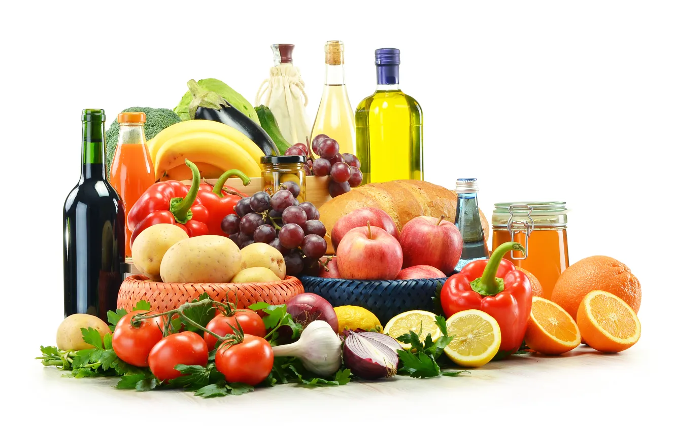 Фото обои зелень, вино, яблоки, масло, лук, сок, хлеб, виноград