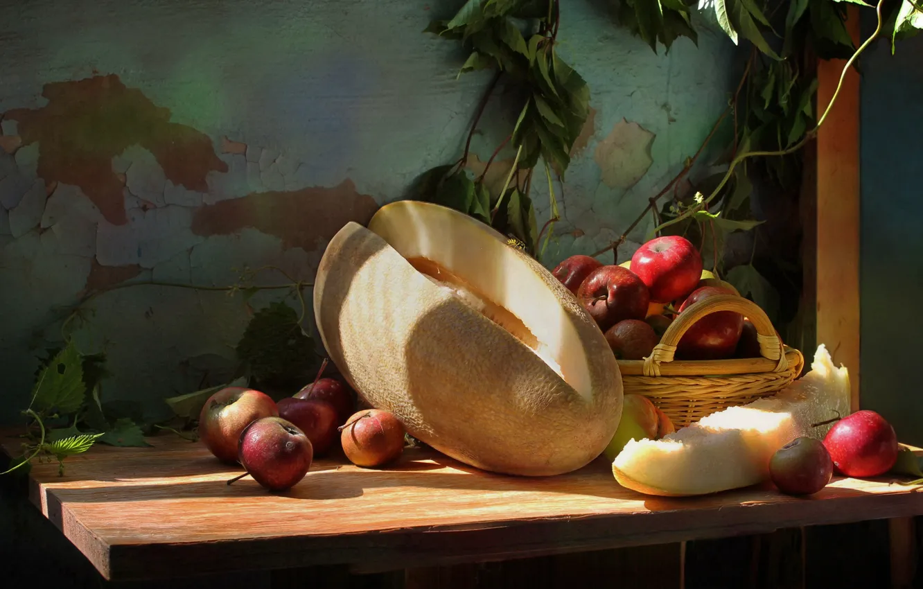 Фото обои корзина, яблоки, натюрморт, дыня