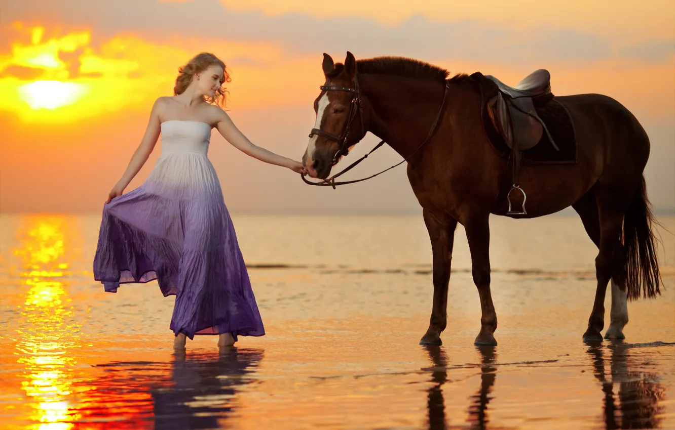 Фото обои море, девушка, закат, побережье, лошадь, girl, sea, coast