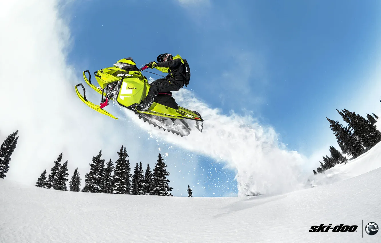 Фото обои снег, прыжок, салатовый, снегоход, snowmobile, Ski Doo