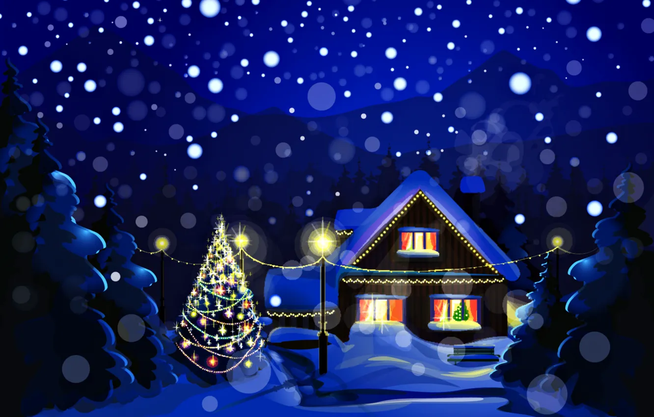 Фото обои зима, снег, пейзаж, ночь, природа, праздник, елка, дома