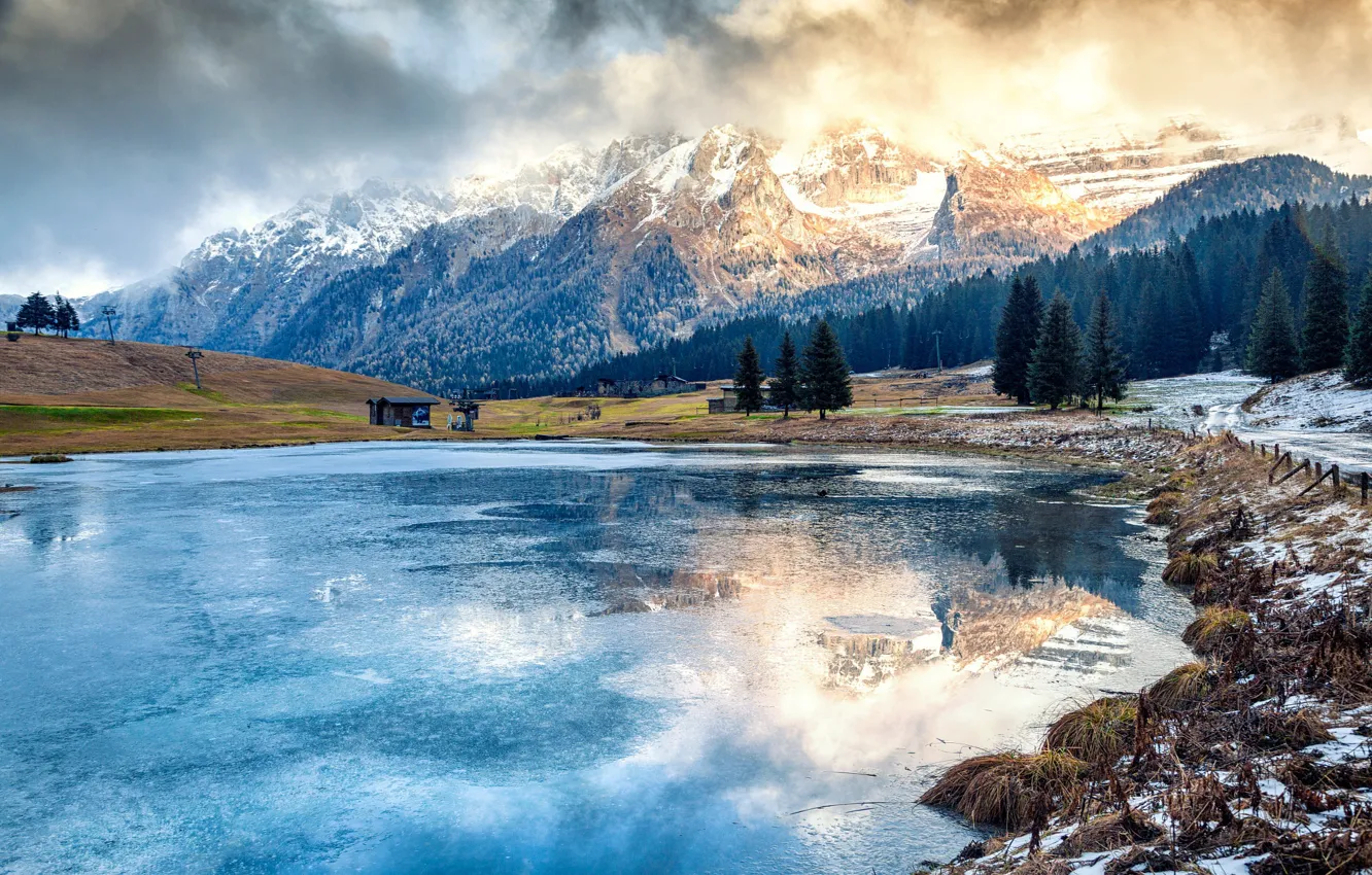 Фото обои зима, вода, деревья, пейзаж, горы, природа, озеро, Альпы