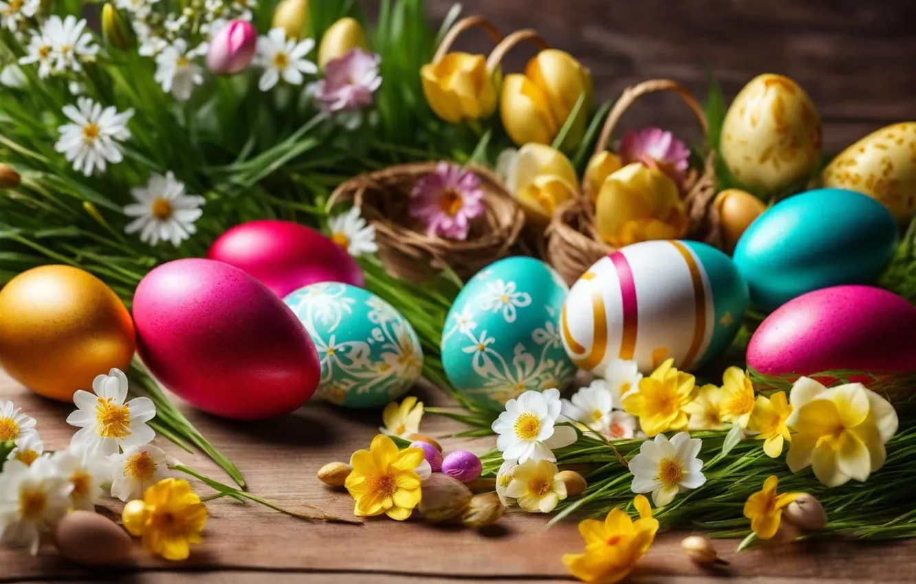 Фото обои цветы, яйца, весна, colorful, Пасха, happy, flowers, spring