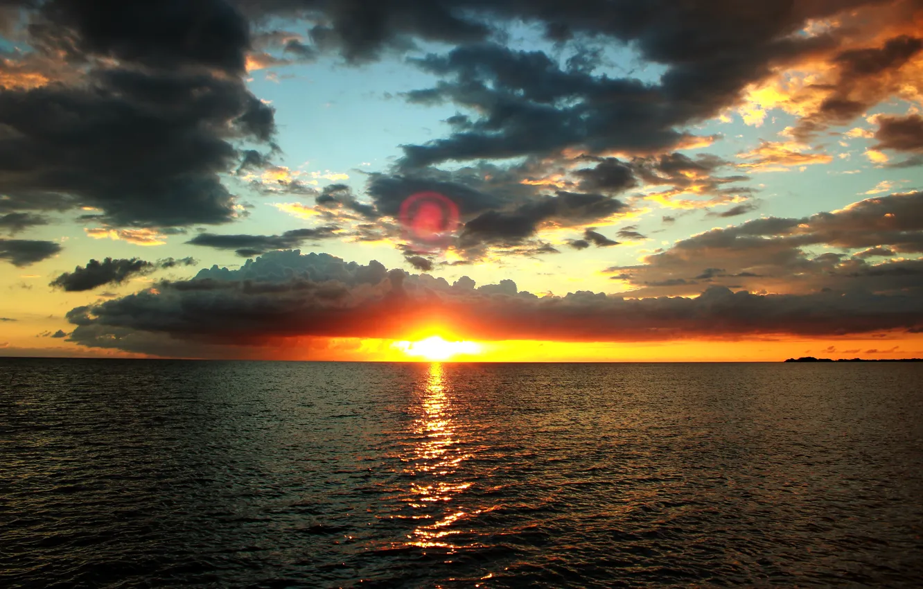 Фото обои море, небо, вода, солнце, облака, закат, вечер, горизонт