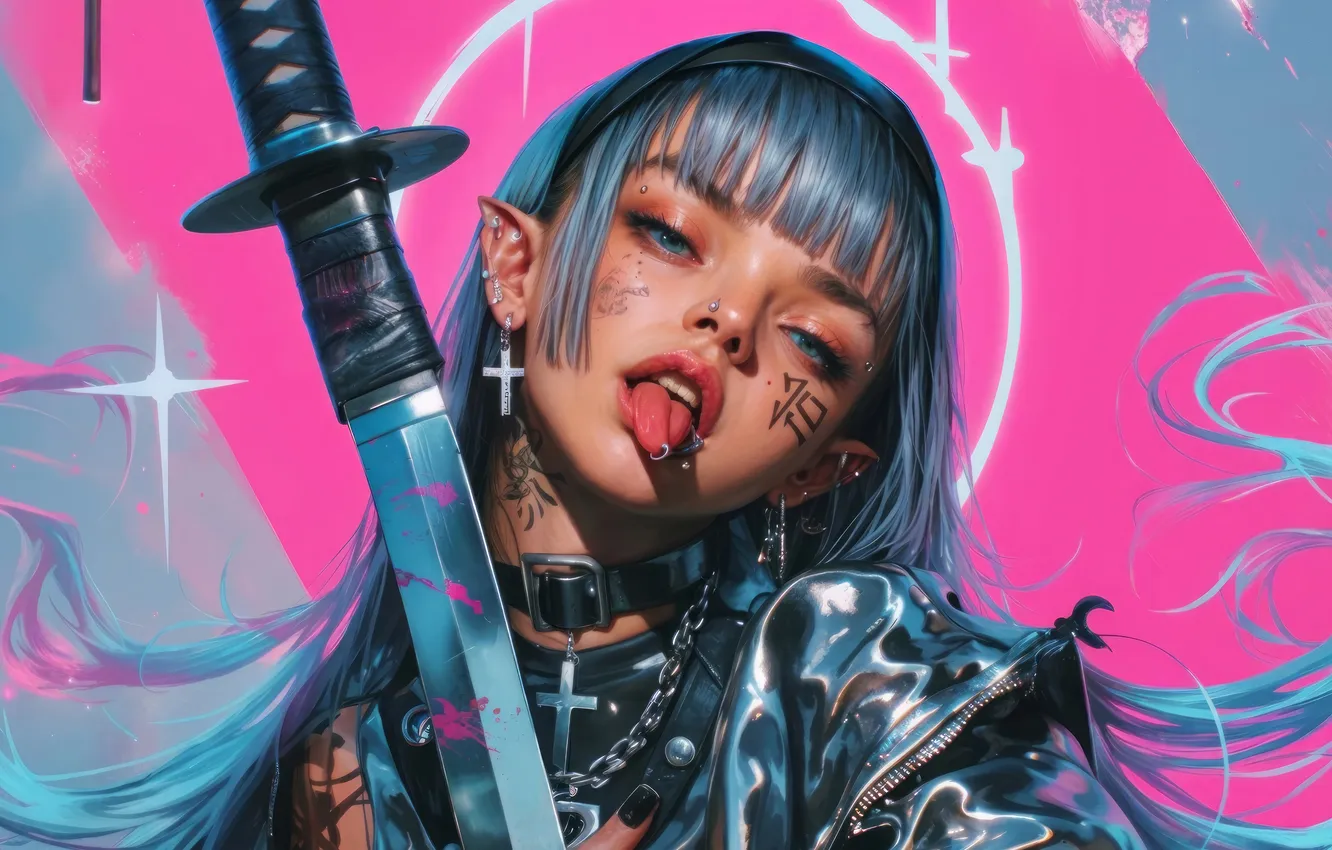 Фото обои Pink, Anime, Katana, Anime Girl, AI Generated, Tongue Out