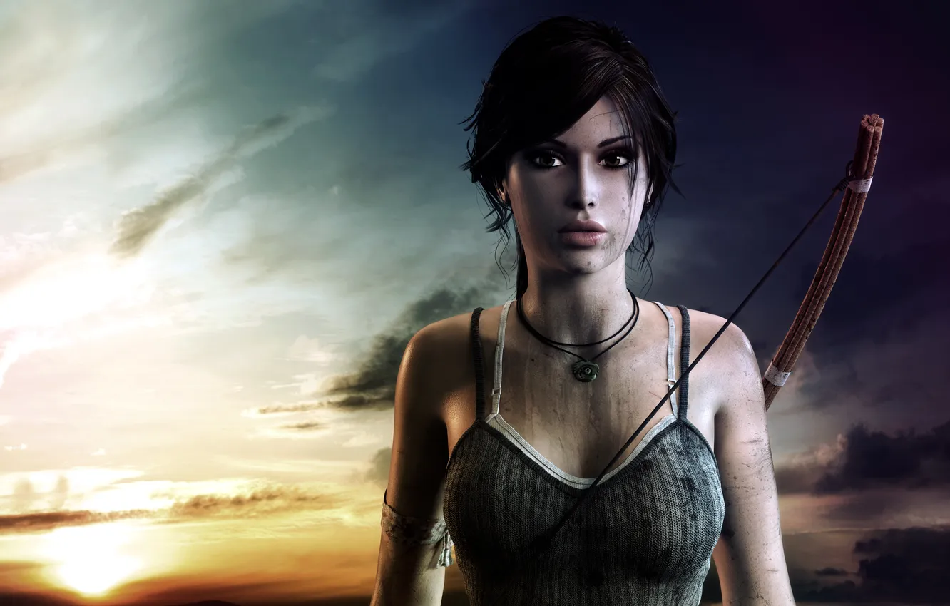 Фото обои закат, лук, красиво, Tomb Raider, тетива, Lara Croft