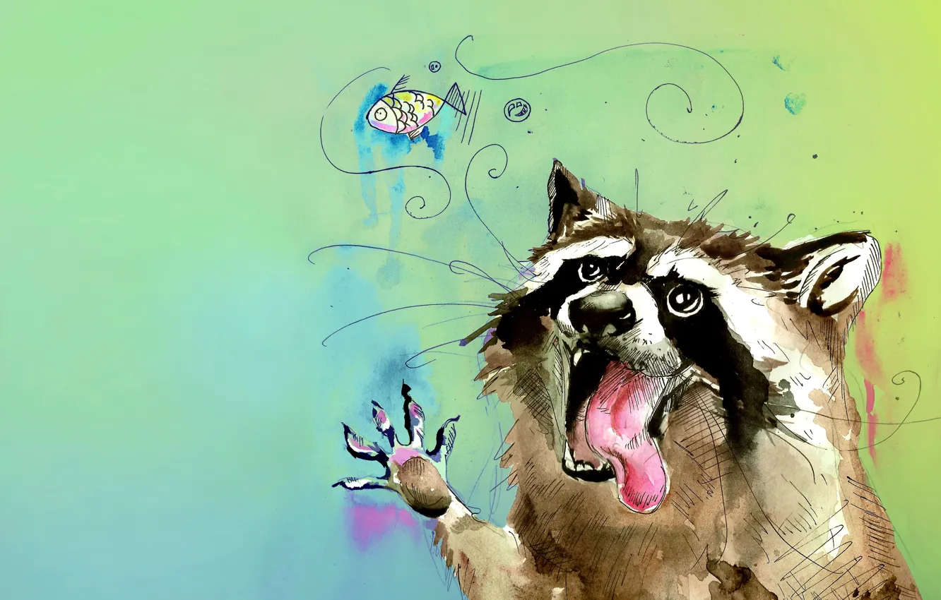 Фото обои язык, животное, рисунок, цвет, рыба, акварель, енот, пузырь